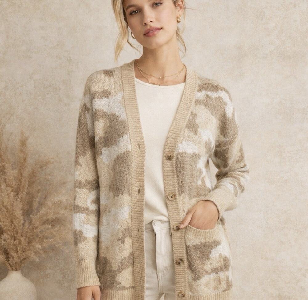 Lucky Brand Neutral Camo Cardigan Longline Cozy Knit Sweater NWT Small